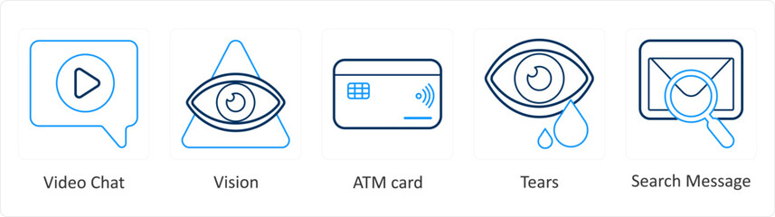 A set of 5 mix icons as video chat, vision, atm card