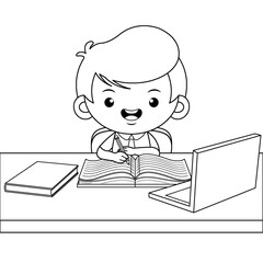 Coloring book for kids. Happy Boy Writing On A Book