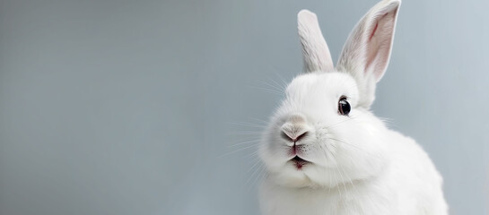 Banner of Cute white bunny isolated on white background. Easter holidays concept - Generative Ai