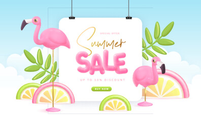 Summer big sale typography poster with 3d plastic text, flamingo and tropic leaves. Summer background. Vector illustration.