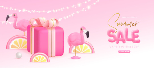Summer big sale typography poster with 3d plastic text, flamingo and gift box. Summer background. Vector illustration.