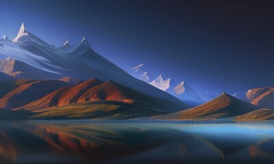 Obrazy na Plexi  Skaliste góry w tle, na pierwszym planie zalesione góry, jezioro, odbicie gór w wodzie oświetlone delikatnym światłem brzasku. Wygenerowany przy pomocy AI.