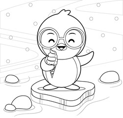 Coloring book for kids. Happy Cute Penguin Eat Ice Cream