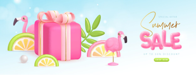 Summer big sale typography poster with 3d plastic text, flamingo and gift box. Summer background. Vector illustration.