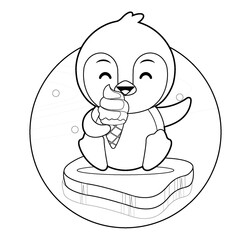 Coloring book for kids. Happy Cute Penguin Sitting On Ice Eat Ice Cream