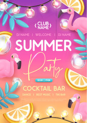 Fototapeta na wymiar Summer disco party typography poster with 3D plastic flamingo, electric lamps and tropic leaves. Vector illustration