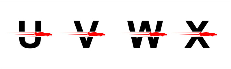 Vector graphic letter alphabet in a set U, V, W, X with red speeding racing car logo
