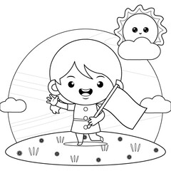 Coloring book for kids. Happy Girl With Mini Flag On Her Lap