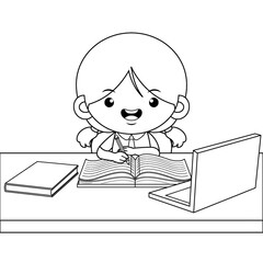 Coloring book for kids. Happy Girl Writing On A Book