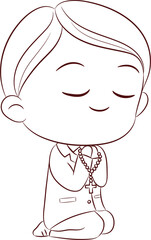 First communion concept with cute boy praying and kneeling doodle style cartoon character PNG
