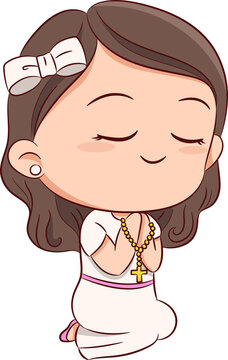 First communion concept with cute girl praying and kneeling hand drawn sketch style cartoon character PNG