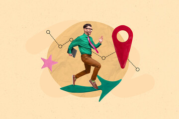 Picture pinup pop poster collage image artwork of happy smiling man hurrying work long distance...