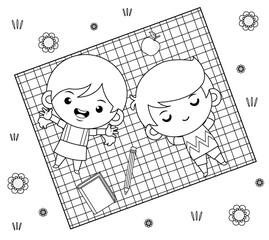 Coloring book for kids. Top View Of Kids Having Picnic Lying On A Grass