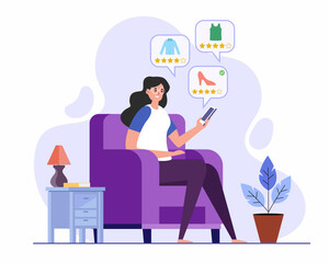Young woman sitting on a cozy couch with smartphone and purchasing fashion cloths, concept of Online Shopping, Home delivery.