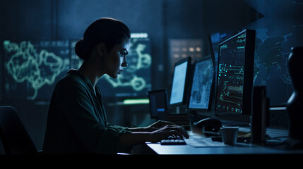 A security expert in front of multiple computer screens in a network operations centre near a server room. Cybersecurity, Cyber awareness training. Cyber concept.
