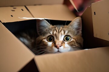 Curious cat in box, tracking noises outside. Photo generative AI
