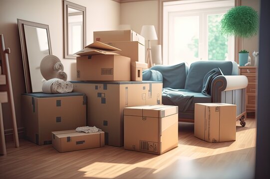 Moving day: boxes in modern house. Photo generative AI