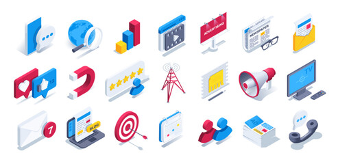 isometric vector illustration on a white background, a set of icons on the theme of inbond and outbond marketing
