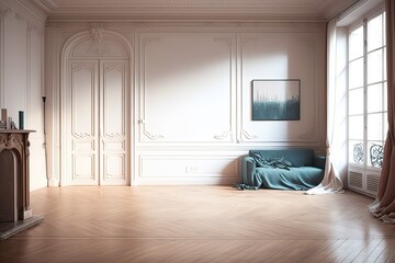 Paris Haussmannian Apartment Living Room Dwelling. Photo generative AI - obrazy, fototapety, plakaty