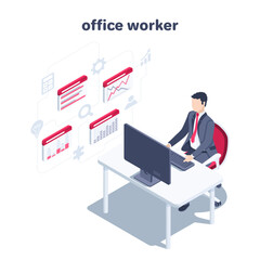 isometric vector illustration on a white background, a man in a business suit sits at his desk working at a computer and charts with graphs, an office worker