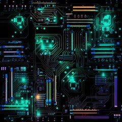 Seamless pattern with glowing computer circuits . Made with Generative AI.