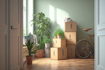 Moving: Boxes, Plants, Bike in Empty Room. Photo generative AI