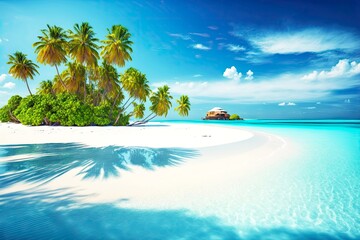 Fototapeta na wymiar maldives tropical island with beach for luxury holiday, created with generative ai