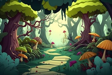 Magical forest with mushroom and trees 