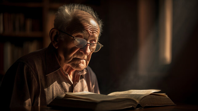 Image Generated AI. Elder man reading a book, Generative AI