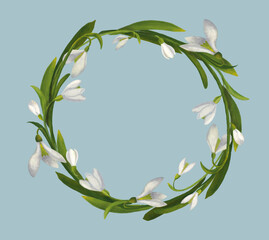 Round frame wreath of white snowdrops on a blue background. Spring mood for postcard, banner, template for your design