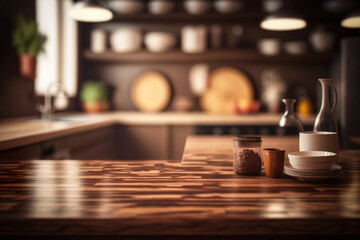 Fototapeta na wymiar Wooden Kitchen Table Brown Textured Over Blurred Background - Generative AI
