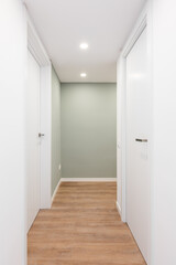 Light corridor with entrances to rooms with doors and turning to the right. Concept of renovation and moving into a compact new apartment or mini hotel. Copyspace