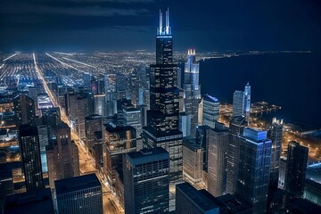 Chicago's Iconic Skyline at Night: Magnificent Skyscrapers and Vibrant City Lights, Generative AI