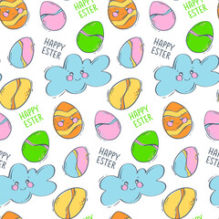 Seamless pattern with decorated Easter eggs on a cute cloud with a smile. Colored eggs for the spring holiday. Flat vector illustration for conceptual design. Greeting card layout.