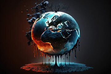 Melting dripping planet Earth climate warming concept, and extreme weather events. generate by ai