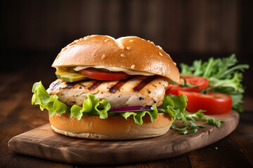 Grilled chicken sandwich with tomato on a cutting board