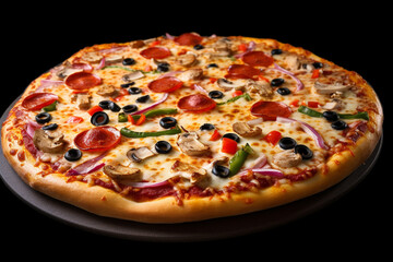 Pizza showcased on black background