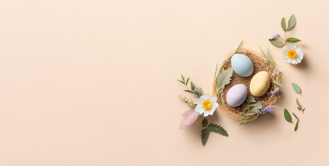 Naklejka na ściany i meble Colorful Easter Eggs and Flowers in a nest, Banner, Generative AI