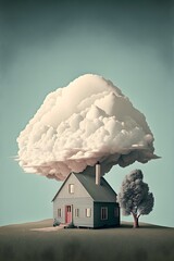 Tiny house isolated on a mountain with a cloud and a tree