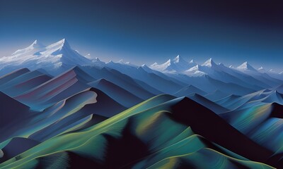 Ośnieżone góry w tle, kolorowe wzgórza na pierwszym planie, lekka mgiełka, poranek, delikatne światło wschodzącego słońca. Wygenerowane przy pomocy AI. - obrazy, fototapety, plakaty