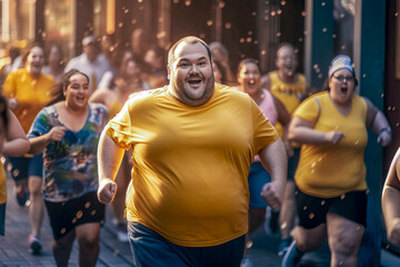 Fototapeta na wymiar Purposefulness, motivation and achievement of goals. Fat men run a marathon. An overweight man takes part in a running competition. generative ai. Motivation to play sports, you can.