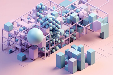 Abstract data cubes and spheres connection. Pastel colours, Digitally generated AI image