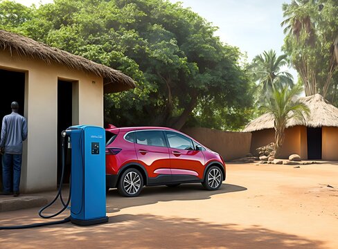 illustration of ,electric car charging, battery, in african savannah,