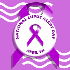 Purple ribbon with bold text in a circle pin on purple background to commemorate National Lupus Alert Day on April 1