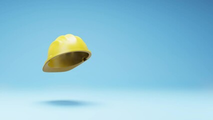 Yellow Hard Hat Spinning on a Studio Blue Background, Seamless Loop 3D Animation with Copy Space