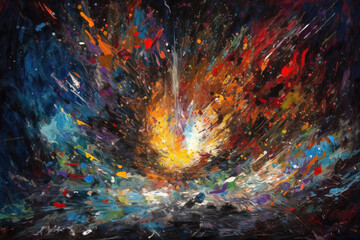 An impressionism palette knife oil painting representing the start of the universe. Digitally generated AI image