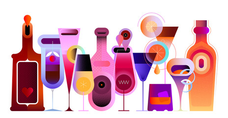 Collection of different bottles, cocktails and glasses of alcohol drinks. Gradient colour bottles and glasses is in a row on a transparent background. 