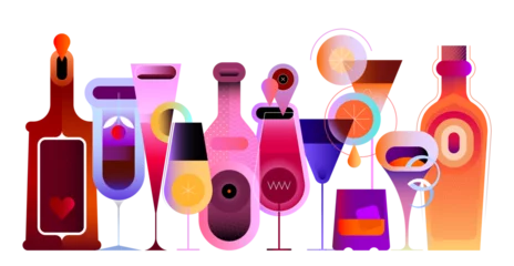 Fototapete Abstrakte Kunst Collection of different bottles, cocktails and glasses of alcohol drinks. Gradient colour bottles and glasses is in a row on a transparent background. 