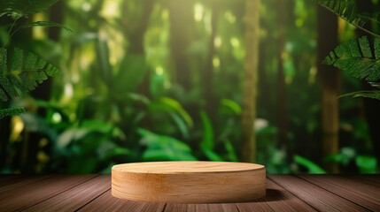 Empty wooden podium in tropical forest for product presentation. AI