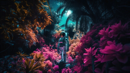 Fototapeta na wymiar An astronaut standing in the jungle surrounded by flowers. Surreal psychedelic wallpaper. AI
